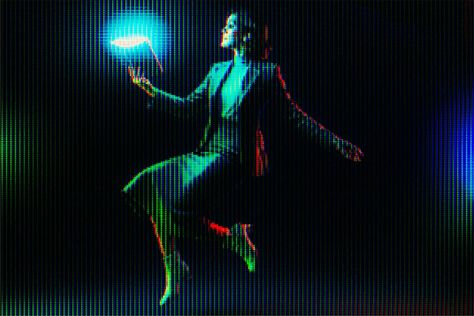 A woman floating in space while reading a glowing book