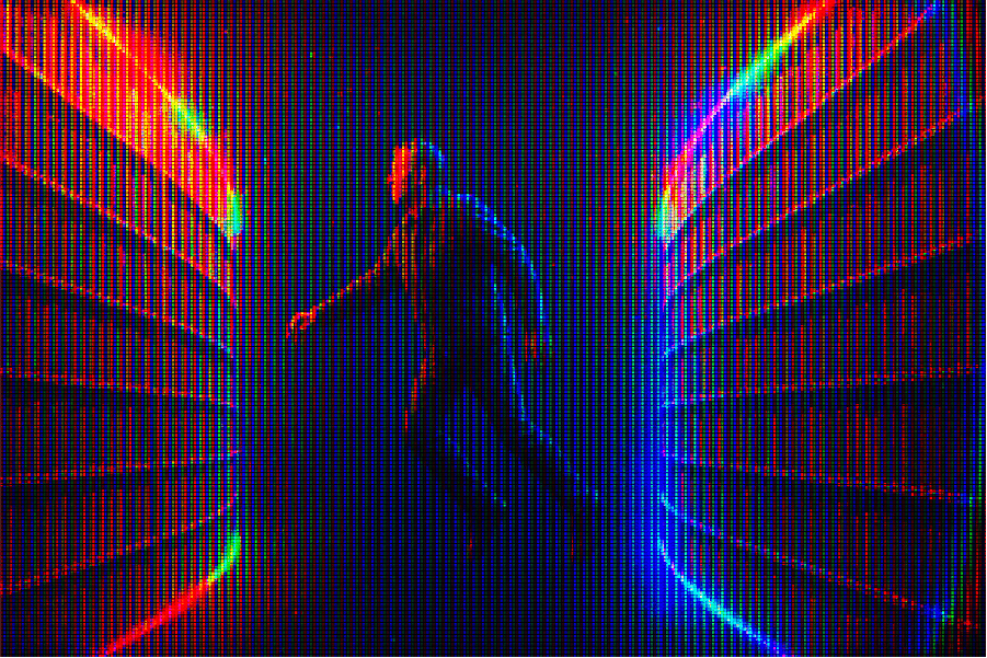 A man floating through space in a futuristic library